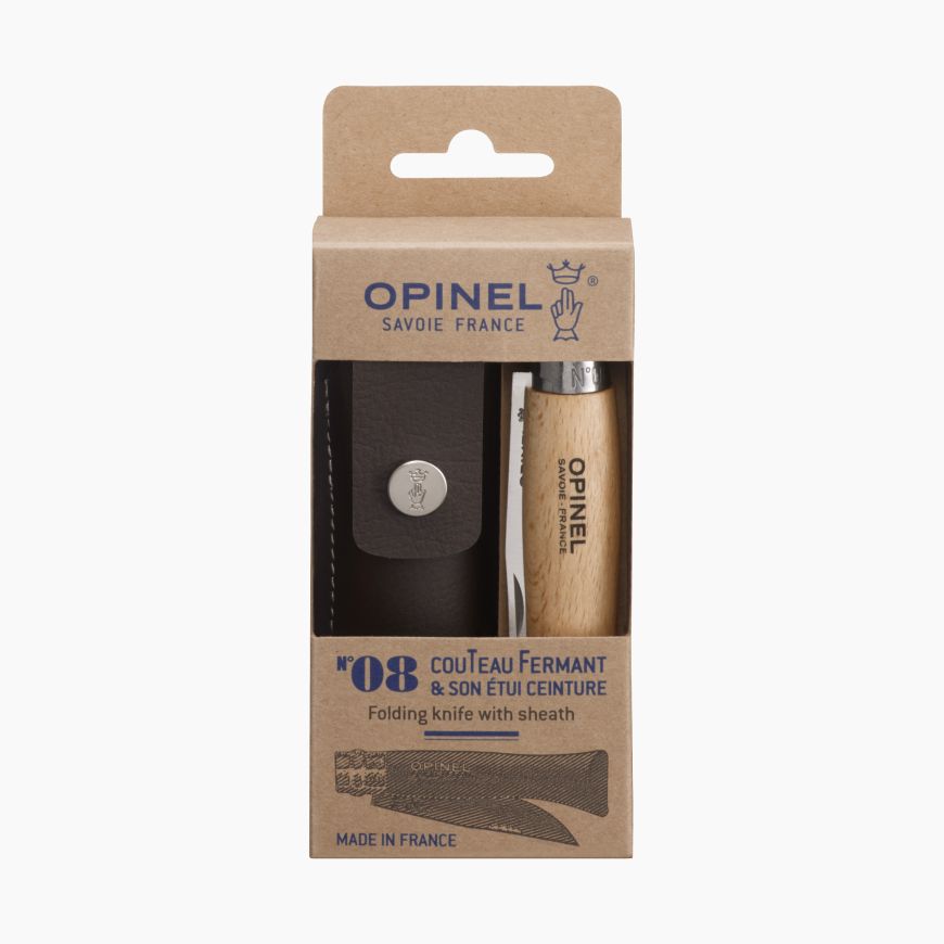 Opinel - N°08 Stainless Steel Folding Knife+Sheath|Beechwood Handle|Stainless Steel Folding Knife with Walnut Handle with Leather Sheath