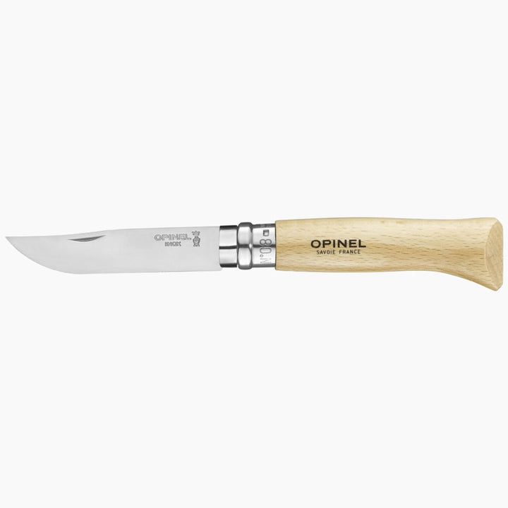 Opinel - N°08 Stainless Steel Folding Knife+Sheath|Beechwood Handle|Stainless Steel Folding Knife with Walnut Handle with Leather Sheath